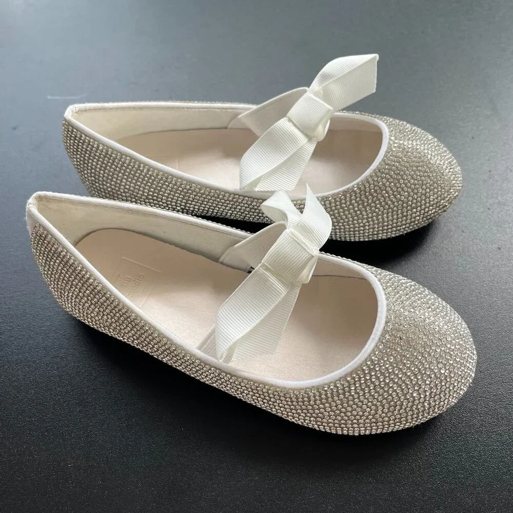 David’s Bridal Crystal Ballet Flats white shoes girl Ribbon Bow 12Y DB Studio